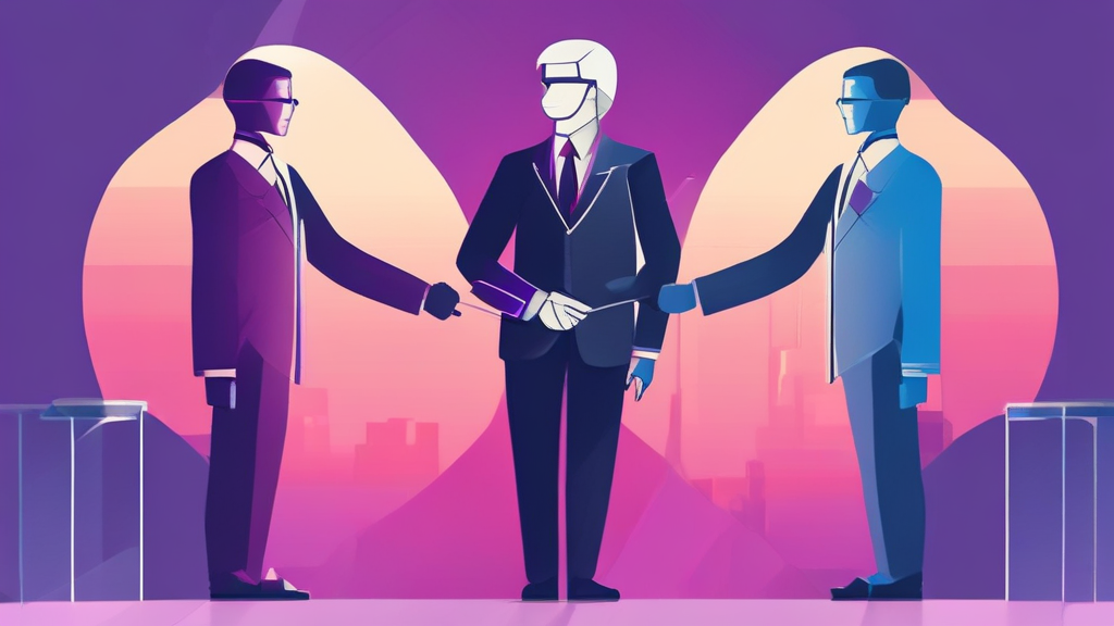 엘리트 계층 간의 네트워크와 권력 구조를 상징적으로 표현한 일러스트. 정장을 입은 인물들이 서로 악수를 나누며 협력하는 모습은 엘리트들의 결속력과 상호작용을 보여준다.