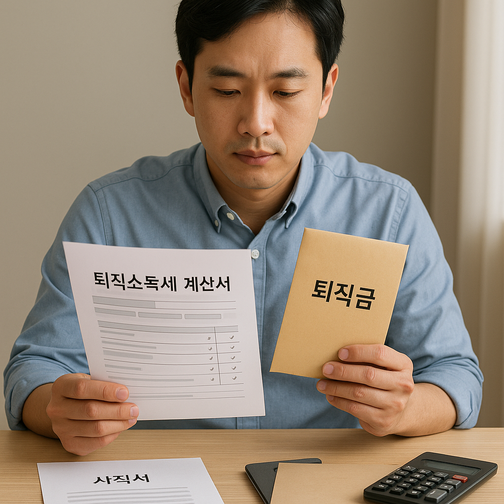 퇴직소득세 계산서와 퇴직금을 검토하며 퇴직 전 마지막 정산을 준비하는 직장인의 모습