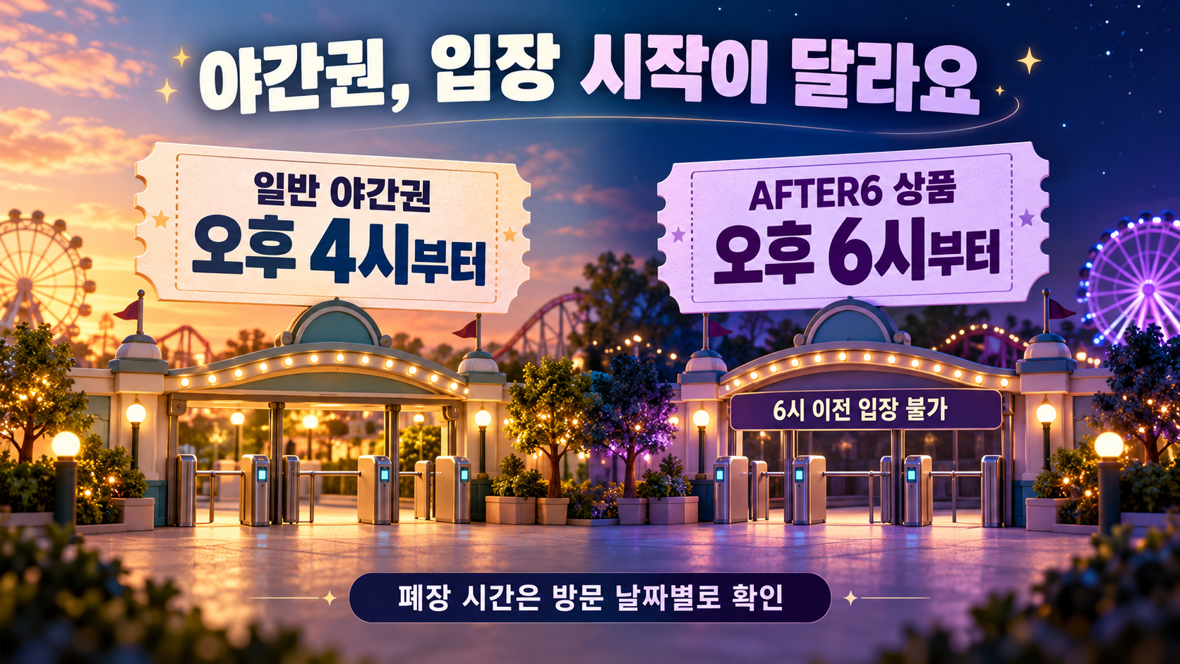 일반 야간권 오후4시와 AFTER6 오후6시 입장 시작을 비교한 그림