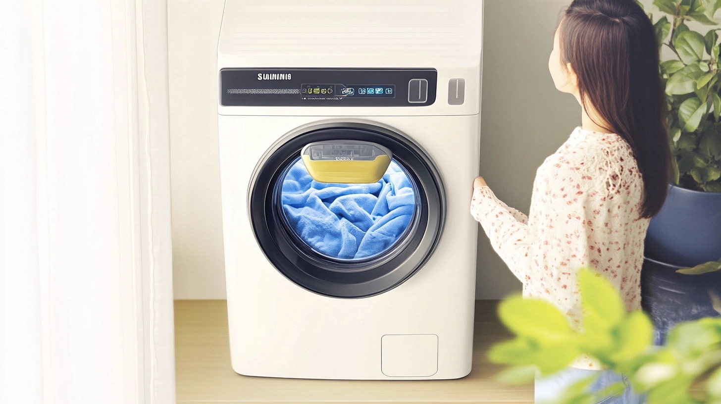 우아한 분위기의 세련된 홈 인테리어에 배치된 모던한 삼성 세탁기, 부드러운 주변 조명이 강조된 장면