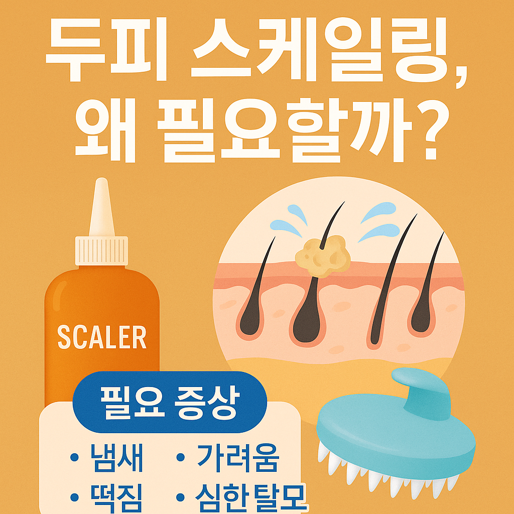 두피 스케일링, 왜 필요할까? – 냄새, 가려움, 떡짐, 심한 탈모 등 필요 증상과 스케일링 도구 이미지가 포함된 설명형 썸네일