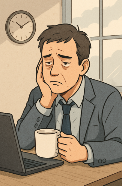 피로한 표정의 직장인이 책상에 앉아 커피를 들고 있는 모습