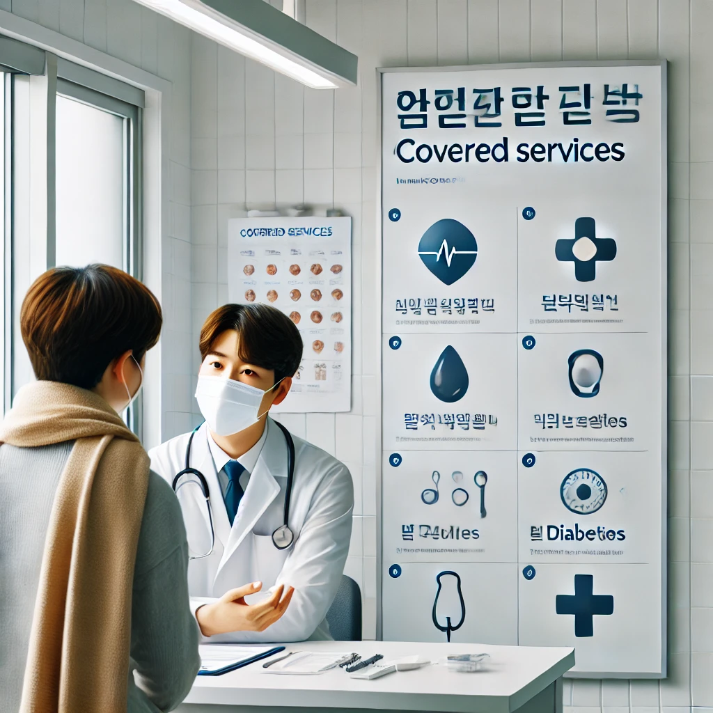 병원에서 의사가 환자와 상담하는 모습&amp;#44; 감기 및 당뇨와 같은 급여 항목이 포스터에 설명된 장면