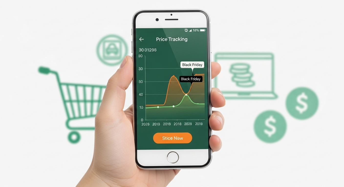 스마트폰 앱으로 제품의 과거 가격 이력을 추적하여 블랙프라이데이 할인율을 확인하는 모습. 현명한 가격 비교와 전략적 쇼핑을 상징하는 이미지.