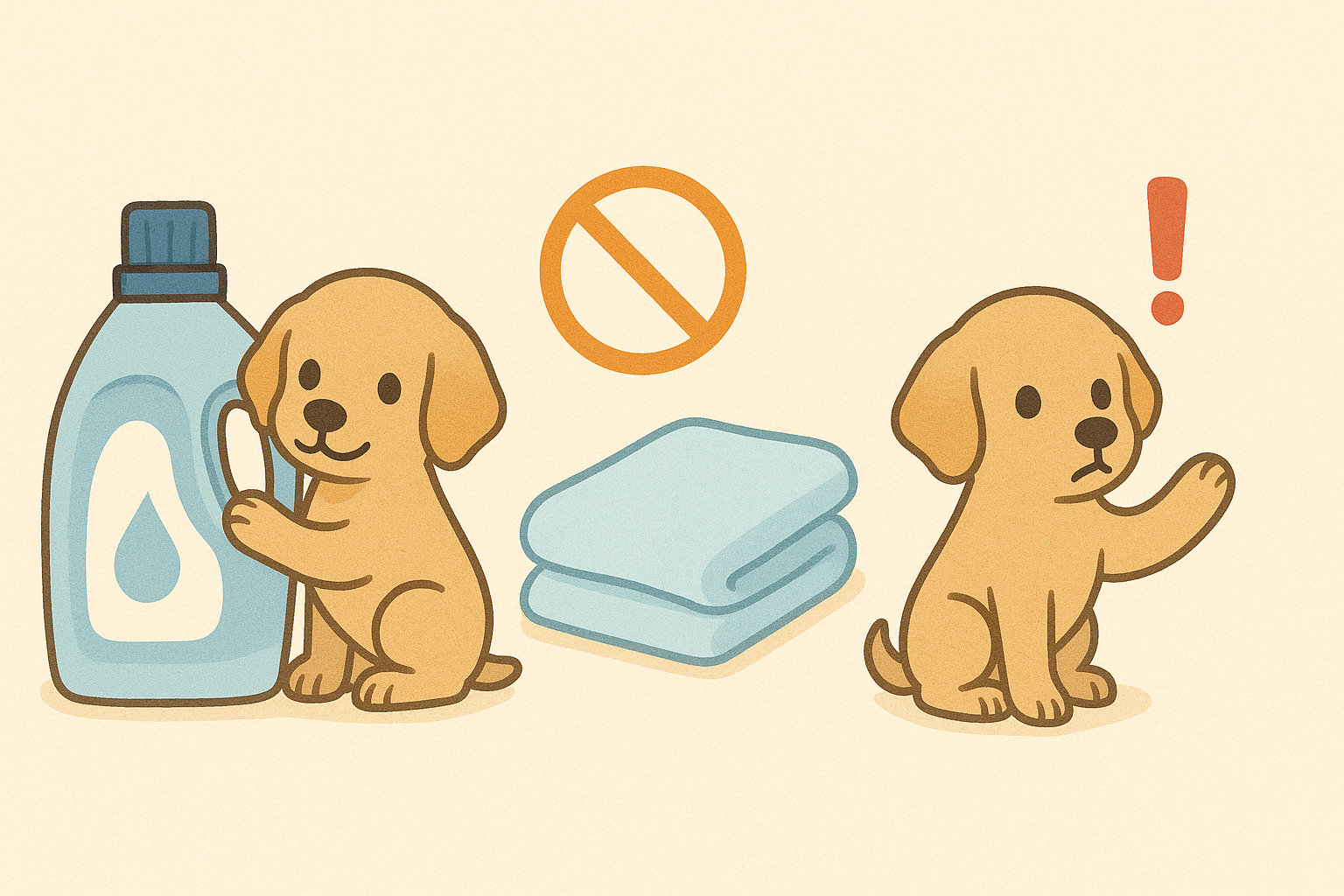 이 일러스트는 반려견과 섬유유연제 사용에 대한 주의를 세 가지 장면으로 표현한 것으로, 첫 번째 장면에서는 섬유유연제를 사용할 수는 있지만 반드시 반려견에게 안전한 제품인지 확인해야 함을 강조하고, 두 번째 장면에서는 일반 섬유유연제를 사용한 수건이나 천을 반려견에게 직접적으로 사용하는 것은 피부 트러블을 유발할 수 있으므로 피해야 한다는 메시지를 담고 있으며, 세 번째 장면에서는 섬유유연제가 소량이라도 자극이 될 수 있으므로 사용 시 각별한 주의가 필요하다는 경고를 시각적으로 나타내고 있습니다.