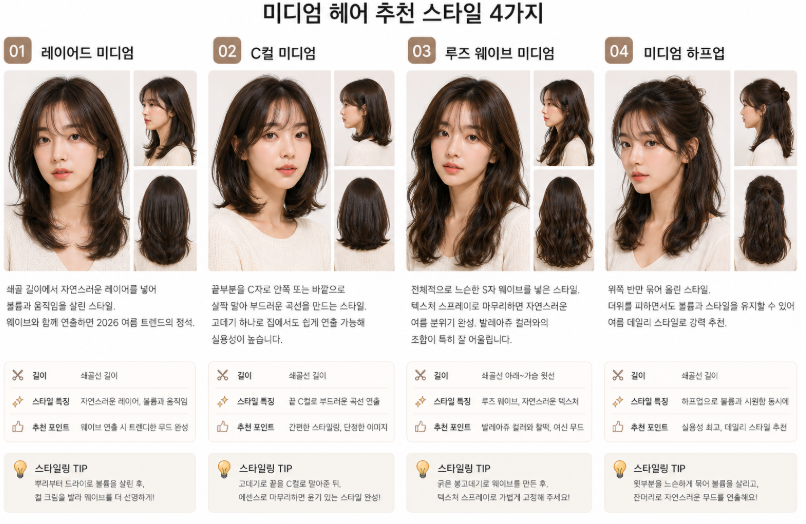미디엄 헤어 추천 스타일 - 레이어드 미디엄, C컬 미디엄, 루즈 웨이브 미디엄, 미디엄 하프업