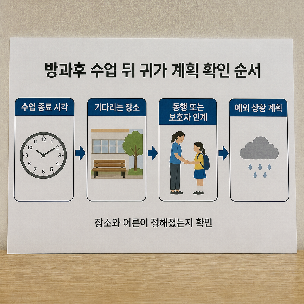 방과후 수업 종료 후 기다리는 장소와 귀가 동행을 확인하는 흐름도
