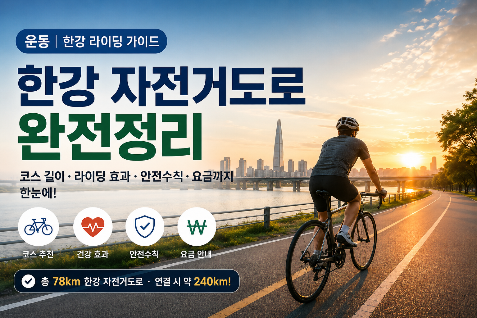 한강 자전거도로 완전정리 썸네일, 서울 한강변 자전거길과 라이딩 코스 추천, 안전수칙, 요금 안내를 담은 이미지