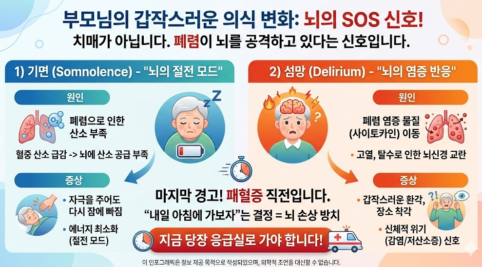 흡인성 폐렴 재발 시 의식 변화 설명 인포그래픽, 기면과 섬망이 나타나는 원인과 응급 신호 구분