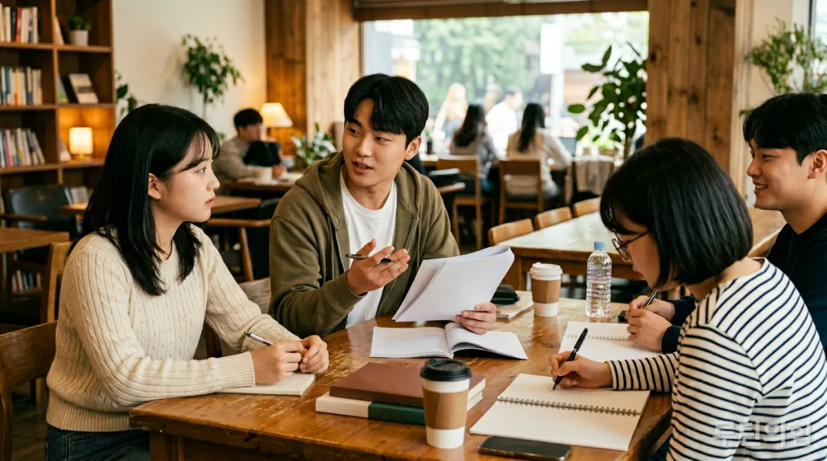 온라인 스터디 그룹에서 서로 피드백을 주고받으며 소통하는 한국 학생들