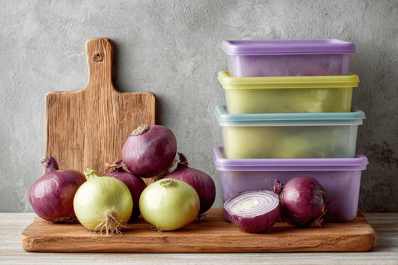 도마-위의-양파들과-용기에-담긴-양파