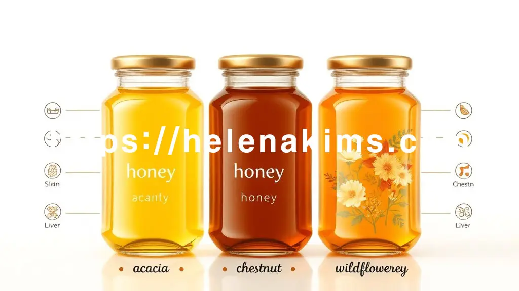 세 가지 다른 종류의 꿀 아카시아, 밤꿀, 잡화꿀이 각각 담긴 세련된 디자인의 투명한 유리병이 나란히 배열되어 있다.