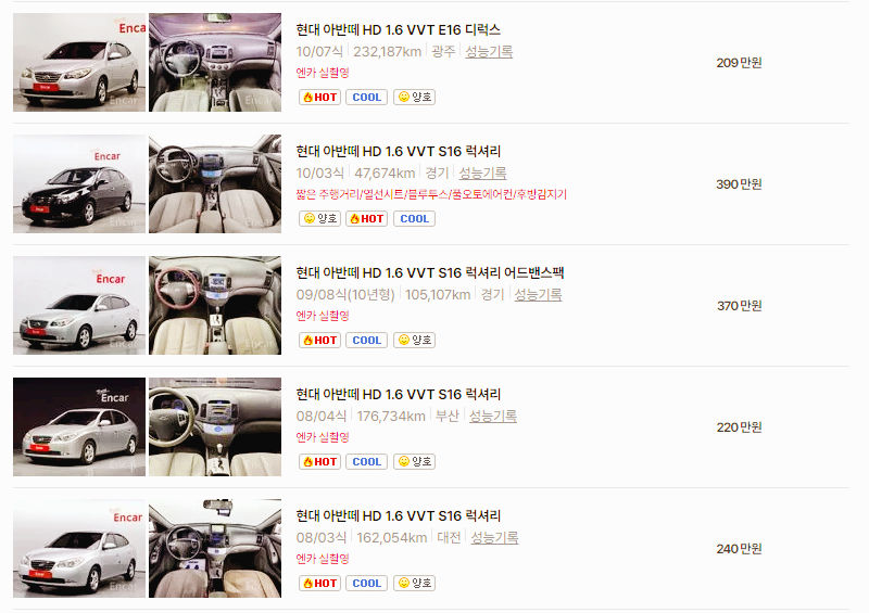 현대 아반떼 중고차 가격 시세표 24년10월