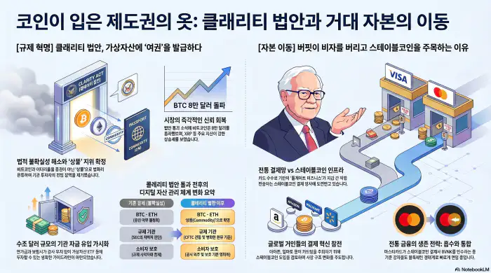 코인이 입은 제도권의 옷 클래리티 법안과 거대 자본의 이동 인포그래픽