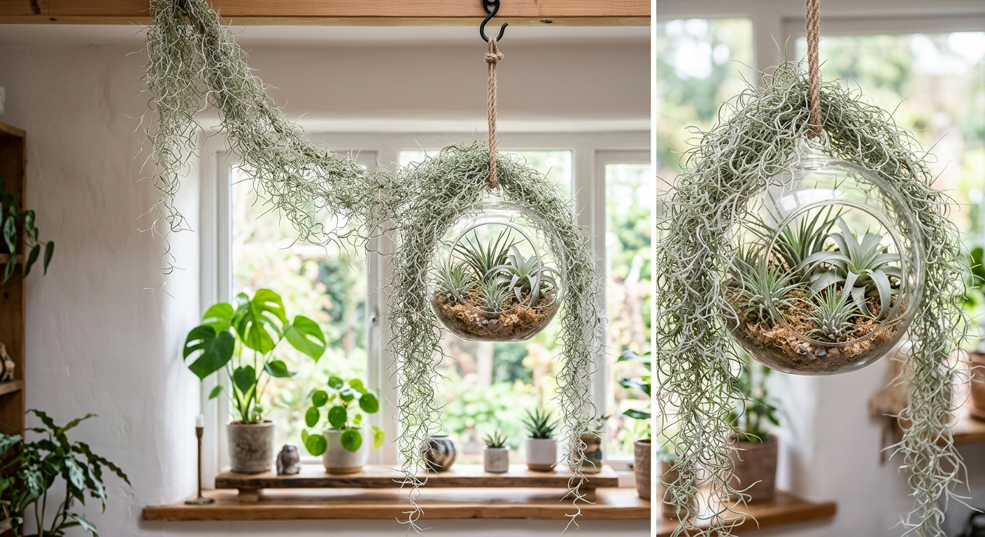 유리 테라리움과 행잉 장식에 배치된 틸란드시아와 수염 틸란