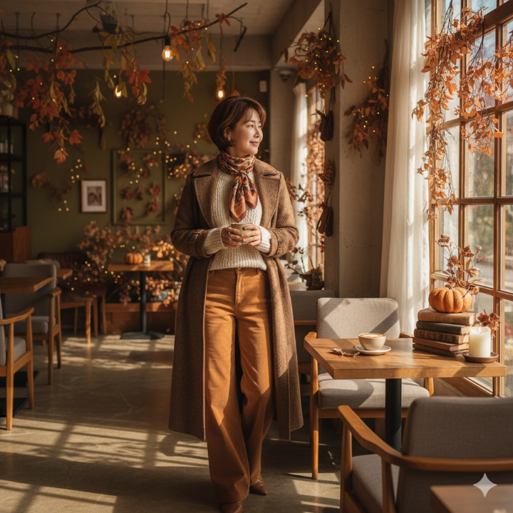 가을 분위기 나는 카페에서 와이드 팬츠를 입은 40대 여성