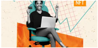 "노트북과 카드를 들고 자동수익에 성공한 젊은 여성, NFT 및 블로그를 활용한 수익창출 개념 이미지"