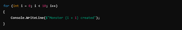 반복문은 특정 작업을 여러 번 수행할 때 유용합니다. [for] 문은 주로 고정된 횟수만큼 반복할 때 사용되며, [while] 문은 조건이 참일 때까지 반복됩니다. 예를 들어, 10개의 몬스터를 생성하는 반복문은 다음과 같이 작성할 수 있습니다.