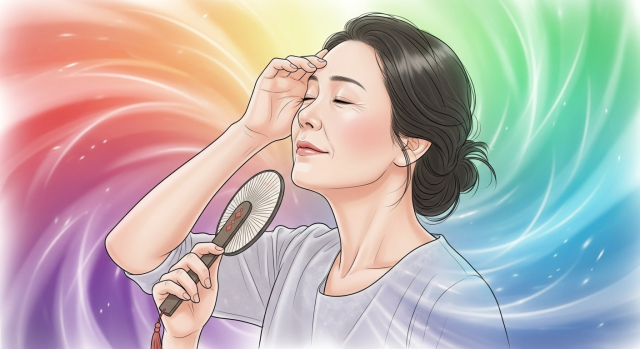 갱년기 증상으로 더위를 느끼는 중년 한국인 여성 일러스트