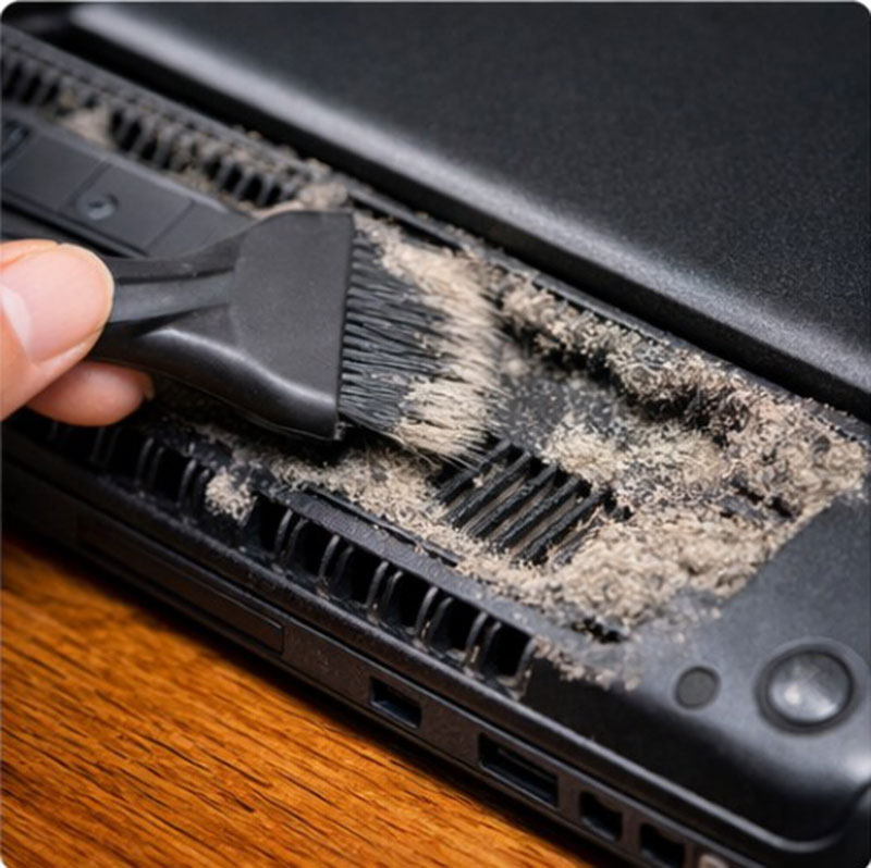 노트북 하단 환기구 주변에 먼지가 쌓여 공기 흐름이 막힌 상태를 점검하는 장면
