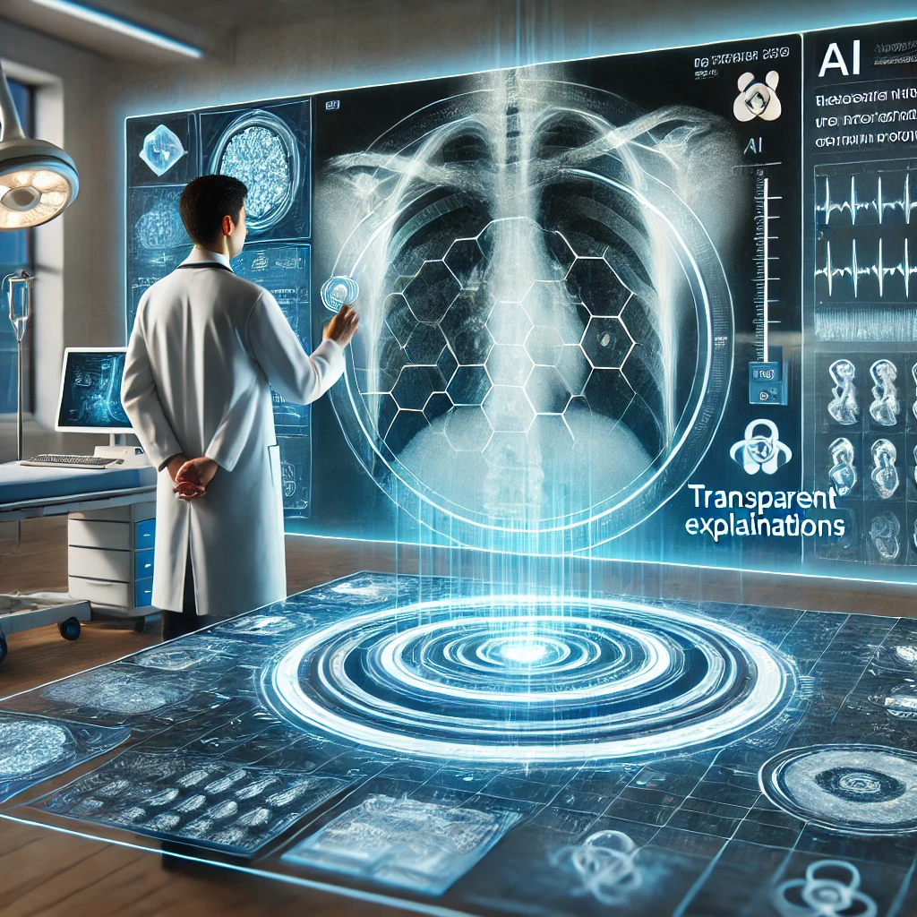 미래형 의료 환경에서 의사가 AI 기반 X-ray 영상을 분석하는 모습. AI 시스템이 설명 가능한 결과를 제공하며, 하이라이트된 영역을 통해 의료진의 이해를 돕고 있음