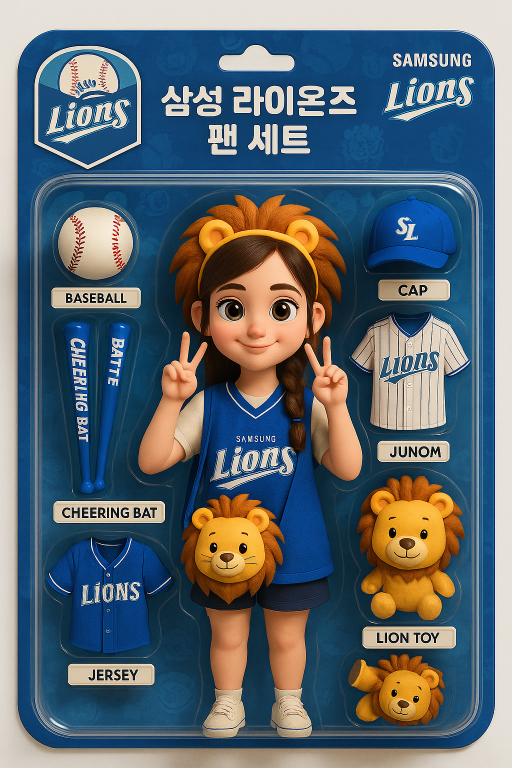 위 프롬프트를 입력하고 생성된 삼성 라이온즈 직관 사진으로 만든 피규어 캐릭터 장난감 세트