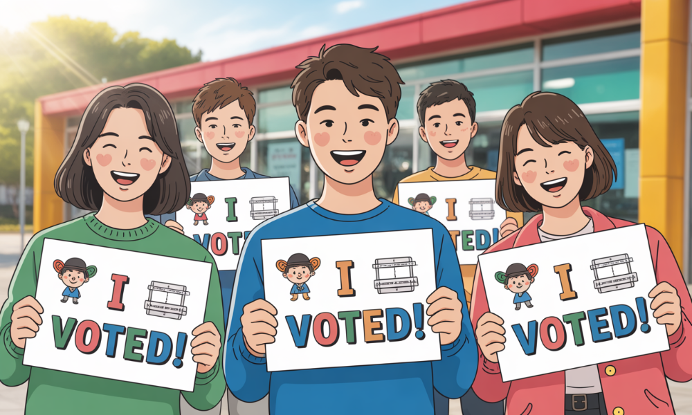 MZ세대가 직접 제작한 투표 인증 종이를 들고 웃는 모습. 캐릭터와 문구로 개성을 표현하며 투표를 독려하는 이미지.