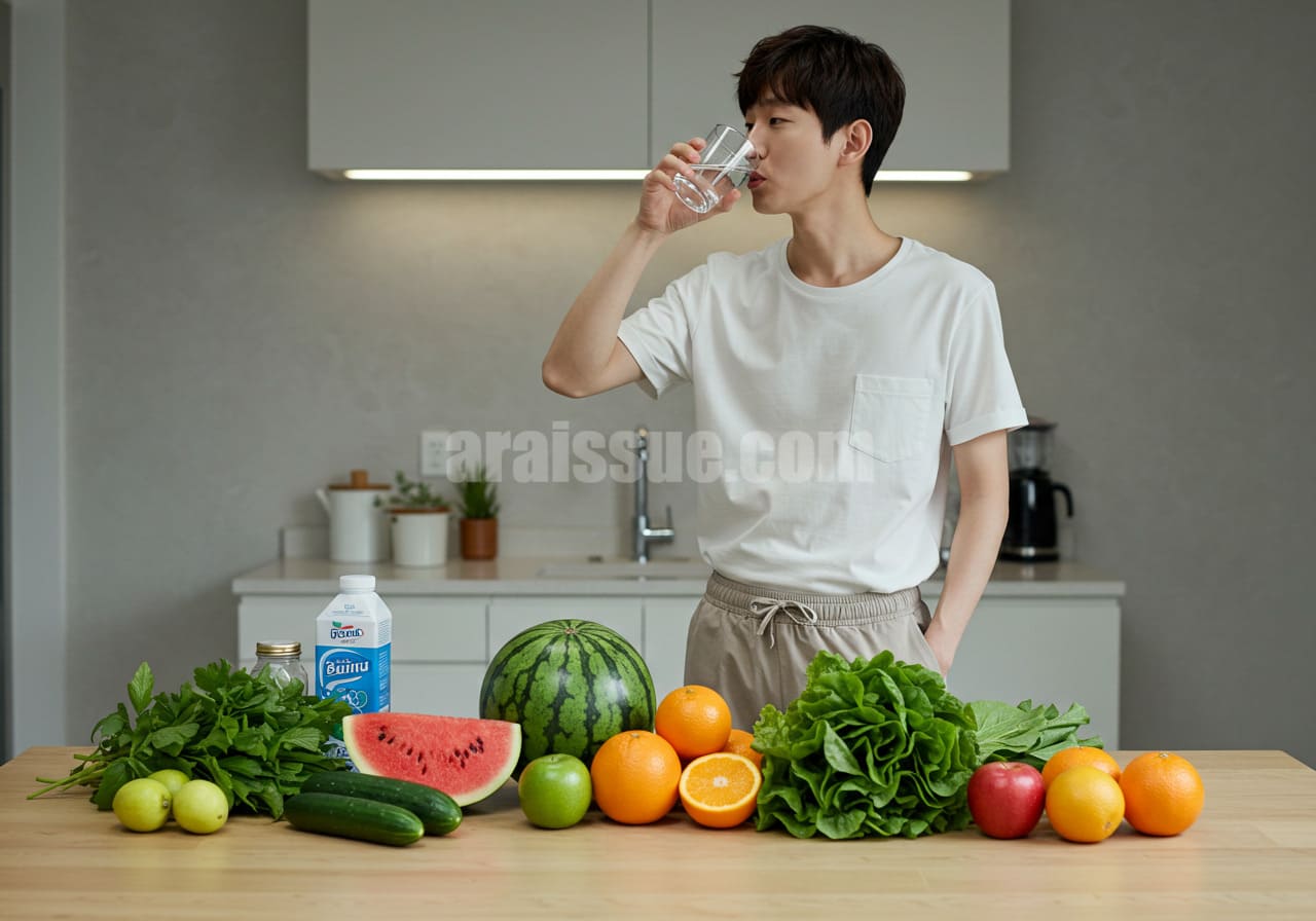 팔이 얇고 어깨가 좁은 마른 체형의 한국 남자가 물을 마시며 테이블 위에 과일과 채소가 놓인 장면