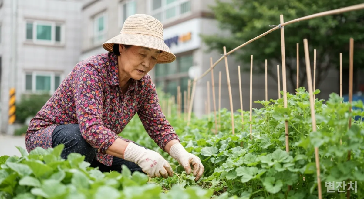 경기도의 한 도시 농장에서 정성껏 텃밭을 가꾸는 70대 한국인 시니어 여성