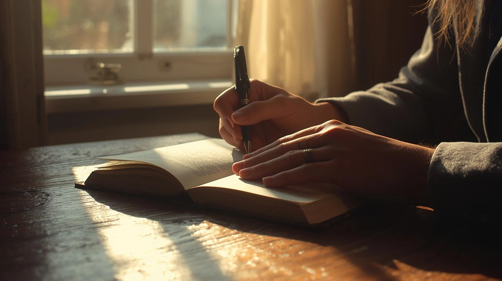 햇살 아래 책상에서 다이어리에 글 쓰는 장면