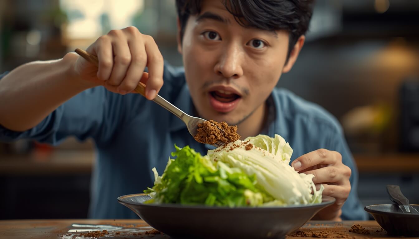 양상추 속에서 흙을 발견하고 깜짝 놀란 남자