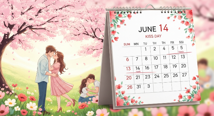 오른쪽에는 데스크 다이어리가 놓여져 있는데 날짜에 표시가 되어 있는데 그 것은 키스테이가 며칠이라는 것을 나타내기 위한 것으로 보입니다. 왼쪽에는 남녀 한쌍은 서서 키스를 하고 있는 모습이고 다른 한쌍은 앉아서 키스를 하고 있는 모습을 담았습니다.