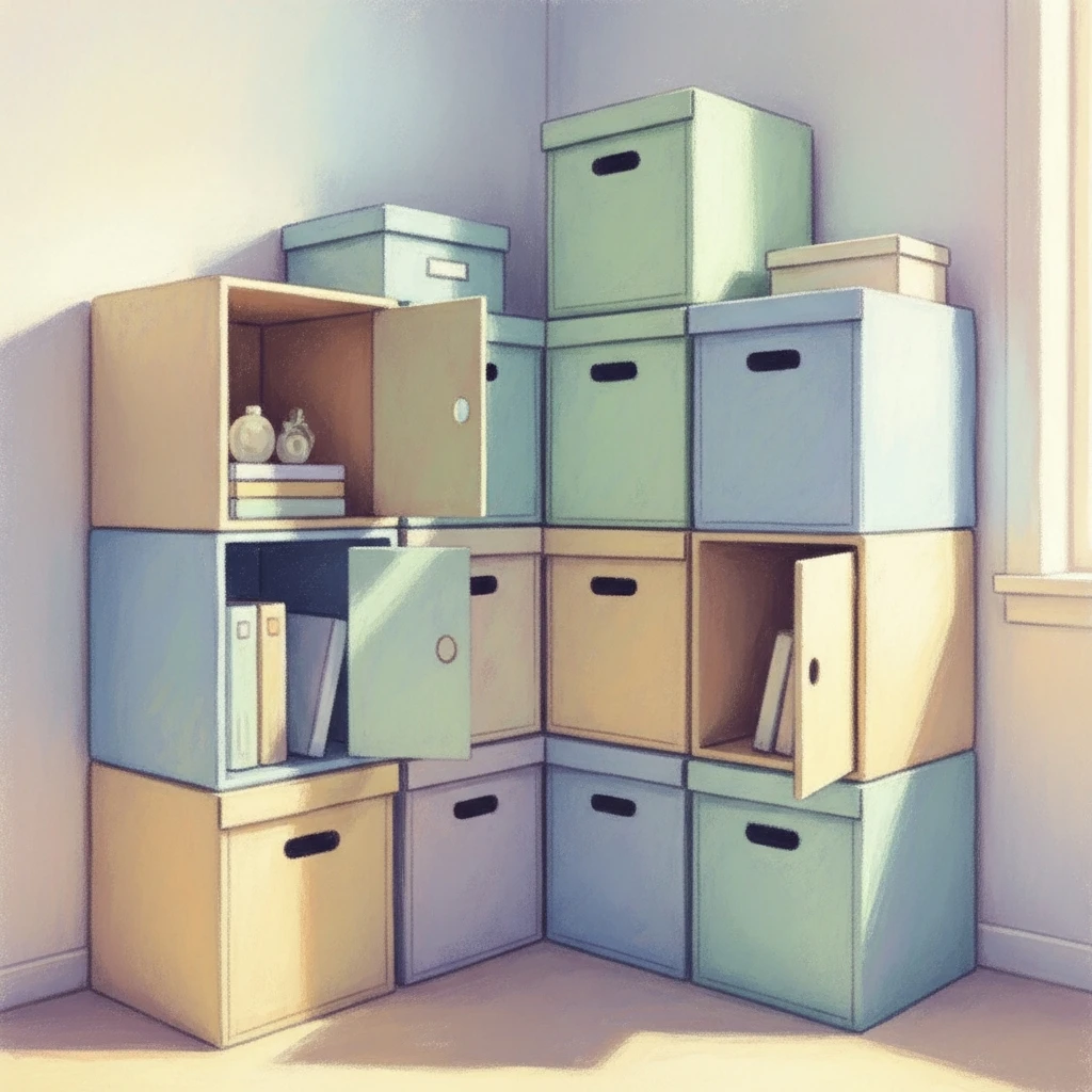 쌓아둔 종이상자 수납