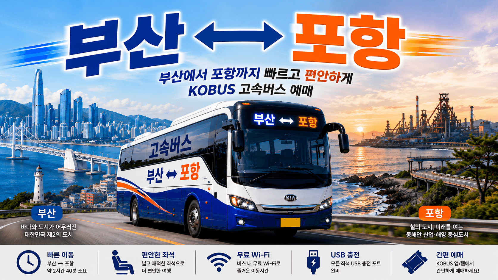 부산과 포항을 오가는 멋있는 버스와 부산,포항의 랜드마크