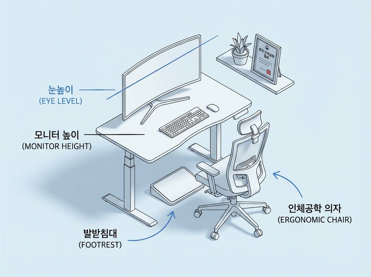 올바른 데스크테리어 구성도, 모니터 높이와 눈높이의 수평 라인 표시, 인체공학적 의자와 발받침대 배치