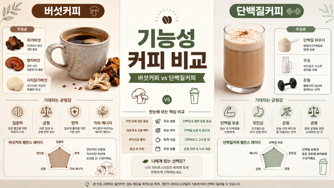 버섯커피와 단백질커피의 특징과 소비자 선택 기준을 비교한 인포그래픽