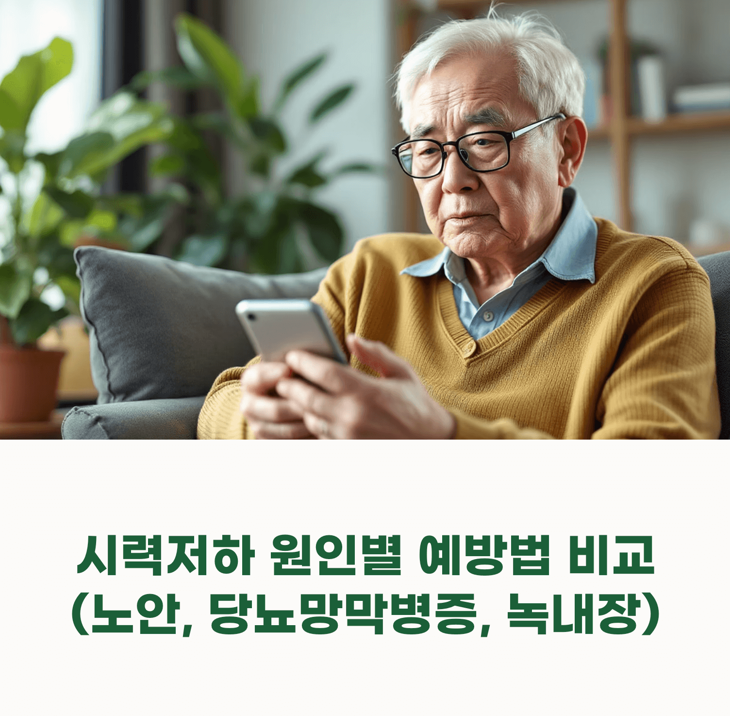 안경을 쓰고 스마트폰을 보고 있는 백발의 남성