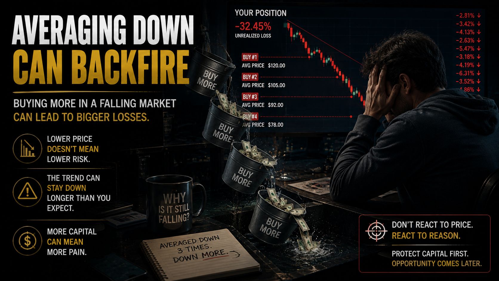 Investor averaging down during a prolonged stock decline, illustrating the risks of the Gambler's Fallacy.