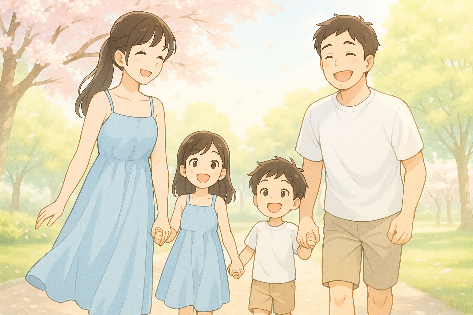 네 가족이 단란하게 꽃길을 걸어가는 이미지