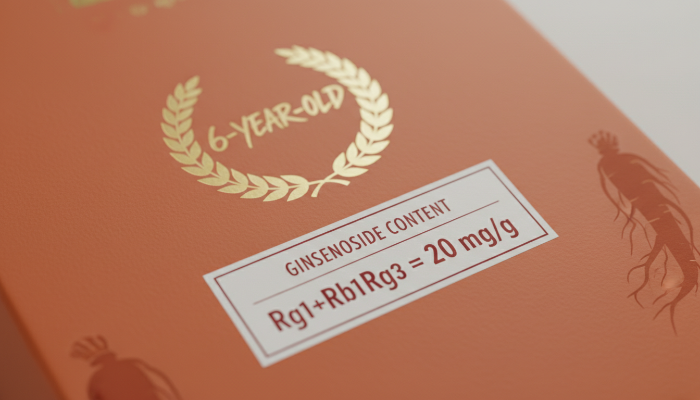 6년근 홍삼과 진세노사이드 함량이 표시된 제품 패키지 상세 사진