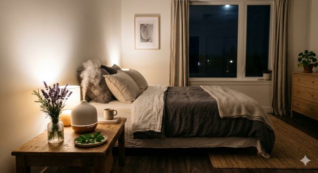 라벤더와 페퍼민트 오일 디퓨저를 활용한 수면 환경 이미지