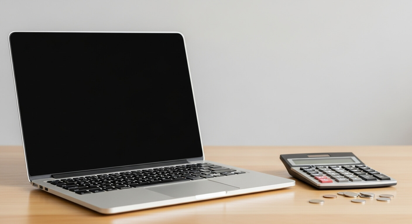 검은 화면의 노트북과 계산기&amp;#44; 동전이 놓인 나무 책상