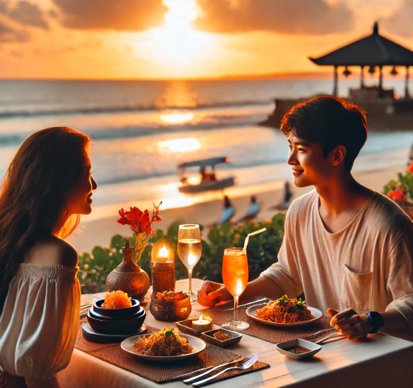 발리 해변에서 석양을 보며 저녁을 즐기는 장면