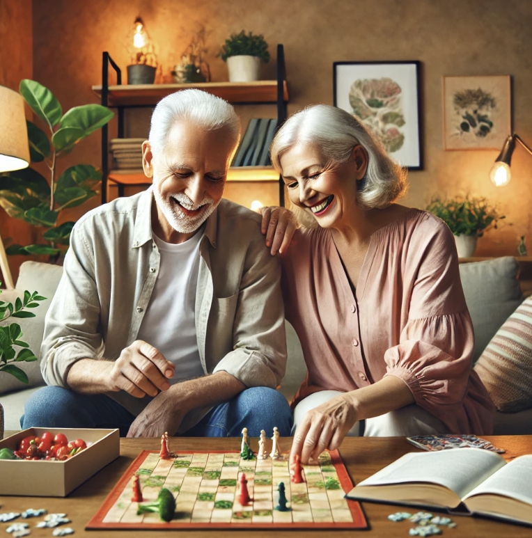 치매 예방을 위해 함께 체스 게임을 하는 노 부부 사진