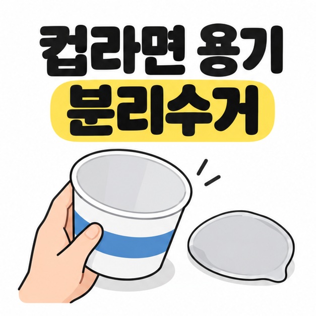컵라면 용기 분리수거 제목 아래 비어 있는 용기와 떼어놓은 뚜껑을 살펴보는 모습