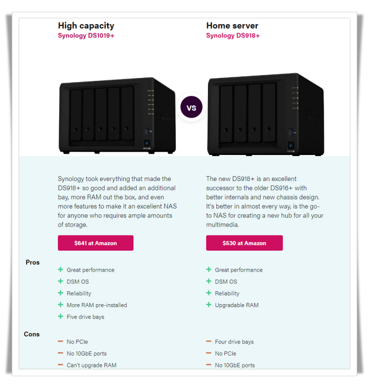 DS1019+ 와 DS918+ 제품 비교(출처: www.windowscentral.com)