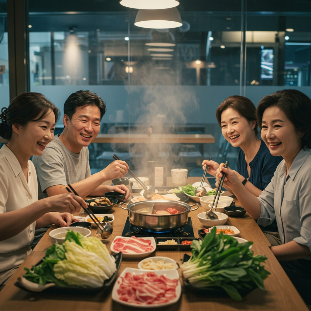 친구들과 함께 레스토랑에서 신선한 채소와 고기가 가득한 샤부샤부를 즐기는 모습