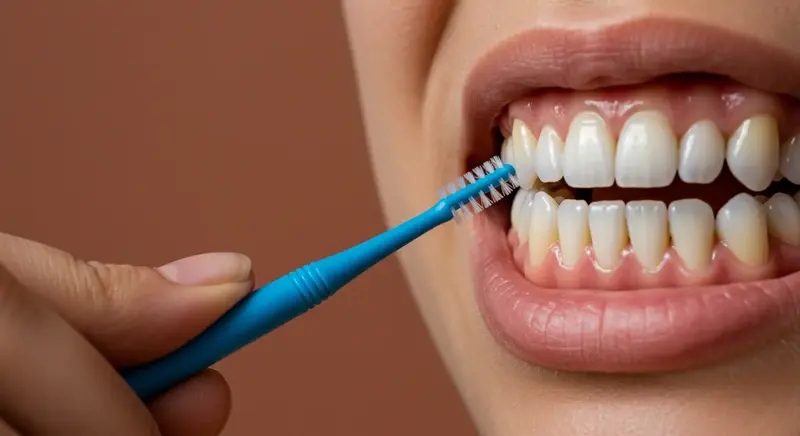 치간칫솔로 치아 사이 틈새를 청소하는 모습