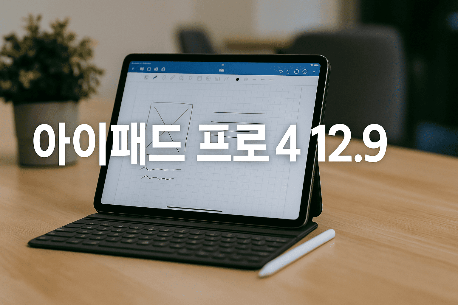 아이패드-프로-4세대-12.9인치-모델이-스마트-키보드와-애플-펜슬과-함께-책상-위에-놓여-있고-화면에는-노트가-보이며-'아이패드-프로4-12.9'-텍스트가-중앙에-표시됨