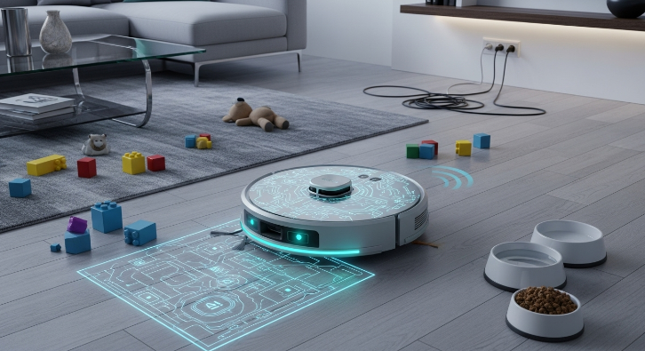 AI 기술로 장애물을 정교하게 회피하며 청소하는 최첨단 로봇 청소기.